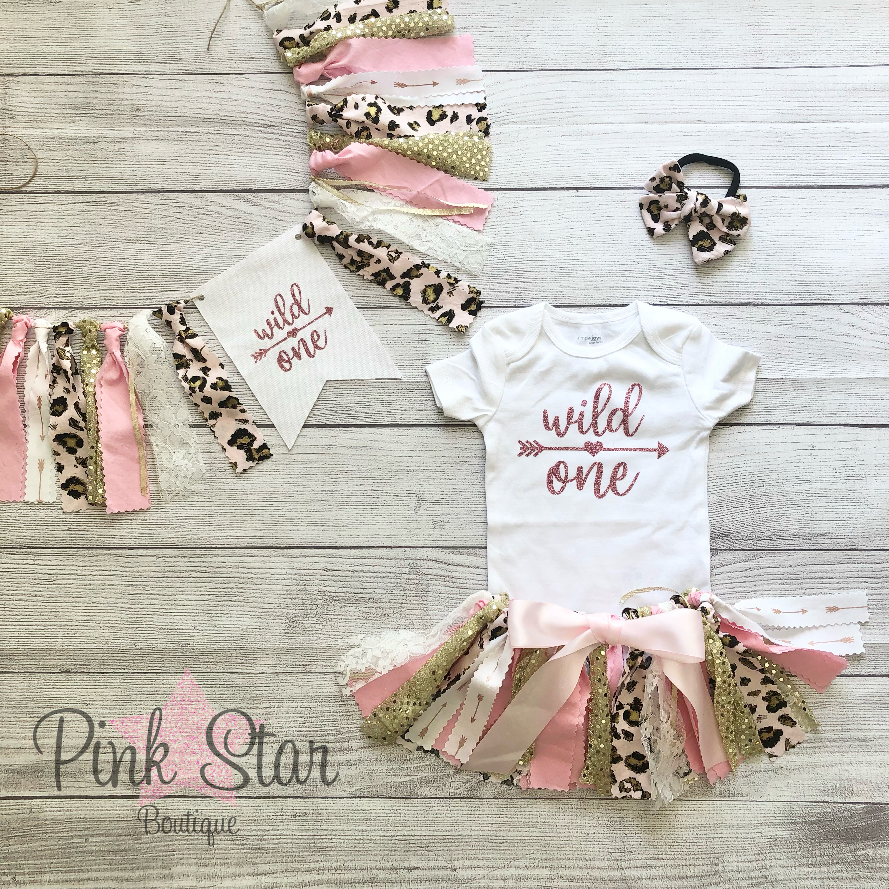 Pink and Rose Gold Wild One First Birthday Outfit Banner and Hair Bow